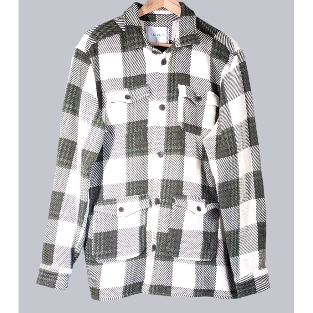 Les Deux Jesse Checker Plaid Hybrid Shirt Oversize Ivory Green 100% Cotton